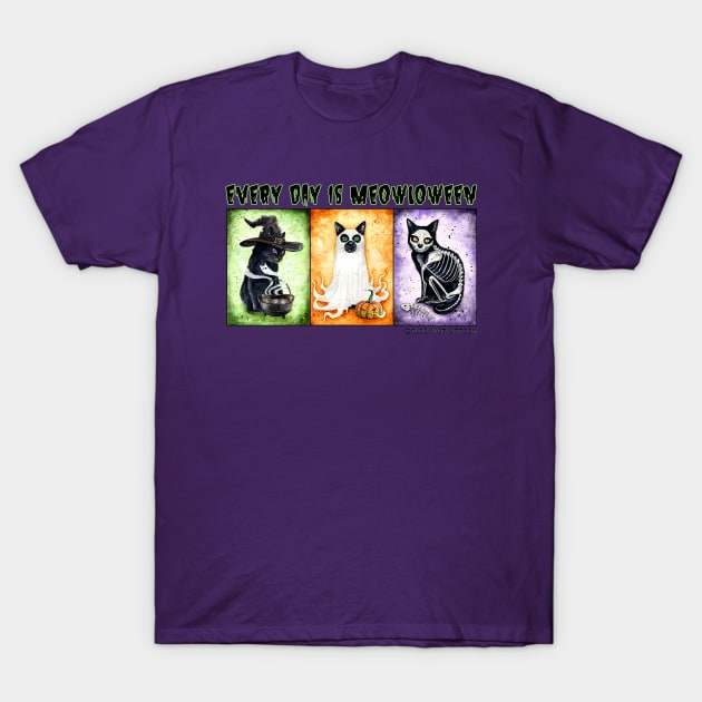 Every Day is Meowloween (Green) T-Shirt by Clockwork Art